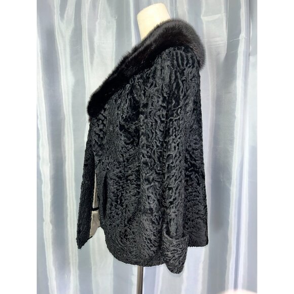 Vintage 60s Black Karakul Lamb Swing Coat Size Mink Collar Mod Glam Luxurious - Picture 3 of 14